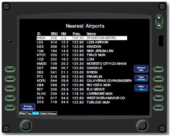 A nearest airport page shown on an MFD